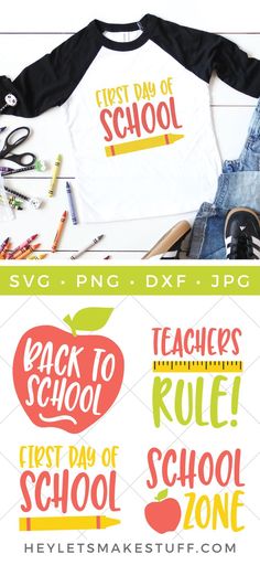 the back to school svg bundle includes an apple, teacher's day shirt and other