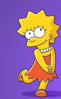 the simpsons character is standing in front of a purple background and wearing an orange dress