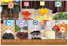 a brown bear birthday party with food and decorations