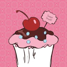 a pink cupcake with chocolate frosting and a cherry on top that says sweet stuff