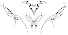 an artistic tattoo design with wings and hearts on the back of each wing, in black and white