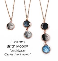 "Glowing Custom Birth Moon® necklace is personalized just for you or your loved one! The glow in the dark moon has a luster finish which makes the moon appear to shimmer magically! Tell us a date that is special to you (birthday, anniversary, adoption, memorial, etc) and we'll create a moon phase charm from that night. This necklace can have 1, 2, 3 or 4 moons - perfect for mom for Mother's day for each kid's birthday. IT GLOWS IN THE DARK: We've used a very high quality long lasting glow mixtur Round Moon Charm Jewelry For Mother's Day, Personalized Celestial Jewelry For Mother's Day, Adjustable Celestial Personalized Jewelry, Celestial Round Jewelry For Mother's Day, Adjustable Personalized Celestial Jewelry, Customizable Round Pendant Necklace With Spiritual Style, Customizable Spiritual Round Pendant Necklace, Mother's Day Round Pendant With Moon Charm, Moon Phase Jewelry For Mother's Day