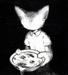 a black and white drawing of a cat holding a pie in it's lap