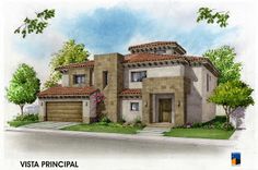 this is an artist's rendering of the front elevation of a spanish style home