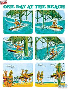 the cartoon shows people on surfboards in front of a pier and one man is surfing