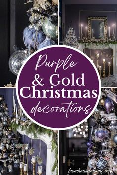 purple and gold christmas decorations with text overlay that reads purple and gold christmas decorations