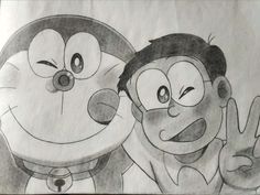 a pencil drawing of two cartoon characters with one holding the hand up to his face