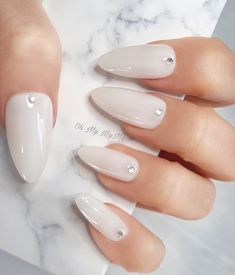 wedding nails, wedding, wedding nails natural, wedding nail ideas, wedding nail design White Chrome Nails With Rhinestones, White And Diamond Nails, Milky White Nails With Rhinestones, White Jelly Nails, White Nails With Rhinestones, 22 Nails, Grad Nails, White Almond Nails, White Gel Nails