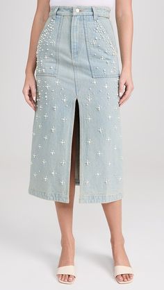 Sea Perlette Denim Skirt | Shopbop Sea Clothes, Pearl Beading, Bleached Denim, Embellished Denim, Denim Maxi Skirt, Embroidered Skirt, Denim Midi Skirt, Embroidered Denim, India Fashion