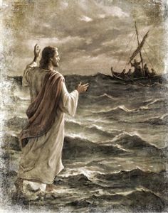 an old painting of jesus walking in the water with his hands out to someone on a boat