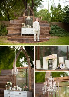 a man standing next to a table with candles and flowers on it, surrounded by other pictures