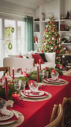 a christmas table setting with candles and plates