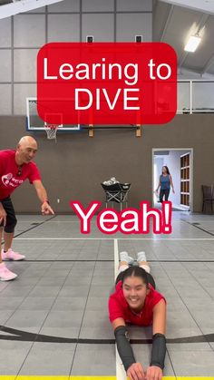 a woman laying on the floor in front of a basketball hoop with text reading learning to dive yeah