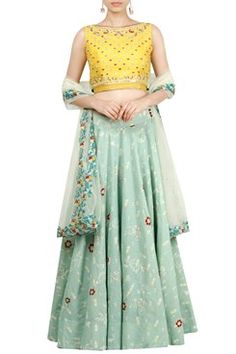 Yellow and aqua printed and embroidered lehenga set by KAIA | Carmaonline shop Yellow Dupatta, Printed Lehenga, Zardozi Embroidery, Blue Lehenga, Embroidered Wedding, Wedding Lehenga, Chaniya Choli