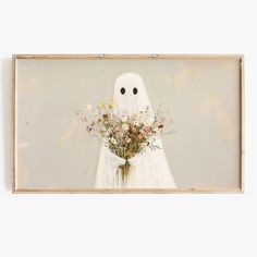 a painting of a ghost holding a bouquet of flowers