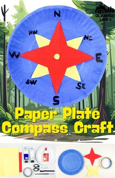 a paper plate compass craft is shown with scissors and other items in front of it