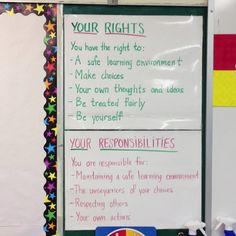 a bulletin board with writing on it in front of a whiteboard that says your rights