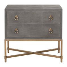 a grey and gold dresser with two drawers on one side, an open drawer in the middle