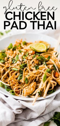 a white bowl filled with chicken pad thai noodles and garnished with cilantro