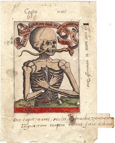 an old book with a skeleton holding a pipe in it's mouth and writing on the page