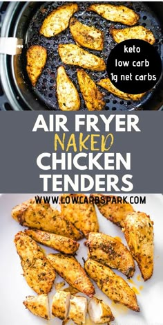 air fryer naked chicken tenders on a plate with text overlay that reads, air fryer naked chicken tenders