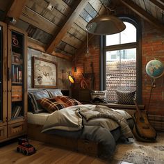 a bed room with a neatly made bed and a guitar