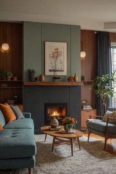 a living room filled with furniture and a fire place in the middle of a room