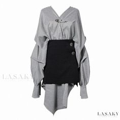 Lasaky - Two-Piece Fashionable Plaid Dress with Irregular Cut Collar, Long Sleeves and Midi Skirt Suit Dress Women, Big Size Dress, Body Skirt, Oversized Shirt Dress, Checkered Dress, Half Skirt, Plaid Fashion, Long Sleeve Midi, Dress Set