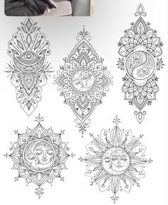 four different sun and moon designs in black ink on white paper, each with an ornate design