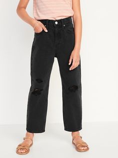 High-Waisted Slouchy Straight Black-Wash Jeans for Girls | Old Navy Straight Jeans Outfit, Jeans For Girls, Black Jeans Outfit, Adjustable Waistband, Size 12 Jeans, Rainy Day Outfit, Washed Jeans, Bottom Clothes, Wash Jeans