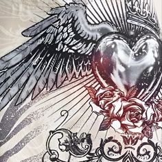 a drawing of a heart with wings and roses in the center on a white background