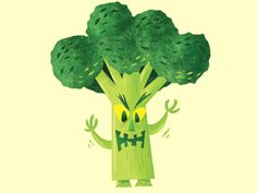 a cartoon broccoli character with eyes, arms and legs