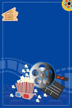 a movie poster with popcorn, film reel and clapsticks on the blue background