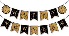 a happy new year banner with clocks and stars on the bottom, in black and gold