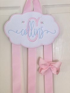 This listing is for a custom made hair bow holder.  Measures 10" long by 7" tall.  Perfect for baby shower, birthday, Christmas, or nursery room decor!  🎀🎀 please put full name in personalization space and I will make your monogram.  I can do a full shorter name with an initial (as pictured) Create Monogram, Monogram Bow, Bow Holders, Embroidered Bow, Machine Applique Designs, Personalized Bow, Anna Grace, Future Room, Hair Bow Holder