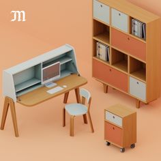 an orange and white computer desk next to a wooden bookcase with two drawers on each side