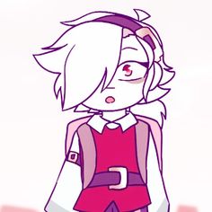 a drawing of a girl with white hair wearing a red shirt and purple pants, standing in front of a pink background