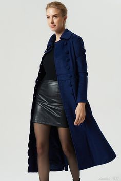 "The blue long coat is the ultimate in luxury women's outerwear and a real statement piece. The princess wool coat features pleating at the front adds structure whilst the cinched in waist and full skirt gives a feminine look. The navy stylish coat can be paired with your existing winter wardrobe easily and you'll find that this winter wool dress coat matches everything you own. DETAIL * 50% wool, 50% fiber, nylon, polyester * Polyester Lining * Lapel collar, Long sleeves * Fitted waist * Two si Blue Fitted Pea Coat For Office, Fitted Blue Pea Coat For Office, Blue Double-breasted Long Sleeve Pea Coat, Blue Outerwear With Lapel Collar And Button Cuffs, Elegant Blue Long Sleeve Pea Coat, Blue Outerwear With Button Cuffs And Lapel Collar, Chic Blue Double-breasted Pea Coat, Blue Pea Coat With Button Closure And Lapel Collar, Fitted Long Peacoat With Button Closure