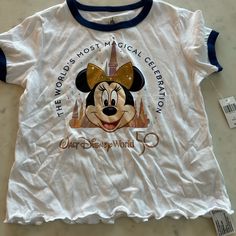 New With Tags Disney Mickey Mouse Tops For Birthday, Mickey Mouse Crew Neck Top For Birthday, White Mickey Mouse Top For Disney Trips, Cute White Tops For Disney Trips, Disney Short Sleeve Top For Birthday, White Mickey Mouse Top For Birthday, Minnie Mouse T Shirt, Walt Disney World 50th Anniversary, Disney Tee Shirts