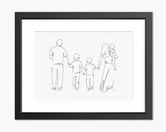 a black and white drawing of a family holding hands, with the child standing between them