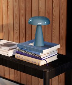 a table topped with books and a blue lamp sitting on top of each other next to a wooden wall