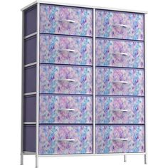 a purple and blue cabinet with drawers on it's sides, against a white background