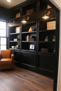 a chair and some bookshelves in a room