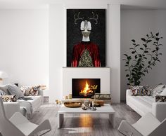 a living room filled with white furniture and a fire place in the middle of it