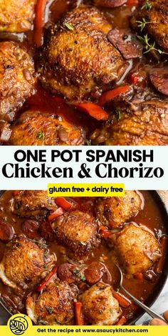 spanish style chicken and chorizo in a skillet with the title above it