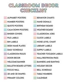 the classroom decor checklist is shown in pastel colors