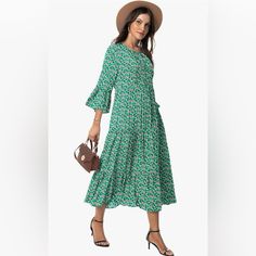 Viishow Womens 3/4 Sleeve Casual Bohemian Midi Dress Green Flower Ruffle, Size Xl. Brand New With Original Tag. 95% Polyester, 5% Spandex. Material: This Long Midi Dress Is Made Of Ployester And Spandex Fabric, Which Is Soft, Comfy And Light Weight, Flowy, But Not See Through, Ruffle Hem And Ankle Length, This Beautiful Dress Is Great Year-Round. Features: 3/4 Ruffle Sleeve/ High Waist/ Tiered Swing Skirt/ Ruffle Hem/ V-Neck/ Midi Dress/ Bohemian Style/ Classic Vintage Fashion/ Beach Dress/ Flor Spring Half-sleeve Printed Dresses, Spring Half Sleeve Printed Dresses, Spring Half Sleeve Maxi Dress For Day Out, Green Maxi Dress With Ditsy Floral Print For Spring, Casual Floral Print Dress With 3/4 Sleeves, Pink Half-sleeve Maxi Dress For Spring, Pink Half Sleeve Maxi Dress For Spring, Green Half Sleeve Spring Dress, Spring Half-sleeve Maxi Dress For Brunch