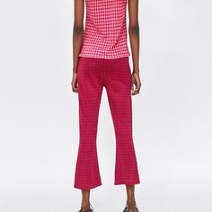 Zara Red Purple Mid Rise Flare Plaid Trouser Pants Red Non-stretch Summer Pants, Red High-waisted Summer Pants, Chic Red Bottoms For Spring, Casual Fitted Red Pants, Red Fitted Bottoms, Chic Red Summer Pants, Red Fitted Casual Pants, Chic Red Spring Bottoms, Fitted Red Bottoms For Summer