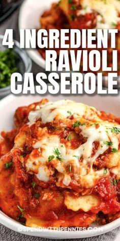 four ingredient ravioli casserole in a white bowl