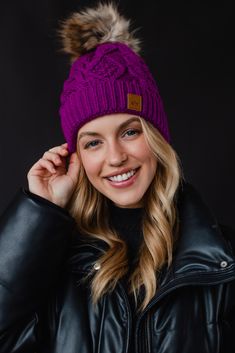 The pom hat of your dreams is here! Update your winter accessories with our new purple cable knit winter hat with fleece lining and a trendy faux fur pom accent. Knit Winter Hat, Knitted Hats Kids, Knit Hat For Men, Knit Jewelry, Cable Knit Hat, Blouse Tank Top, Winter Hats For Women, Knitting For Kids, Pom Pom Hat